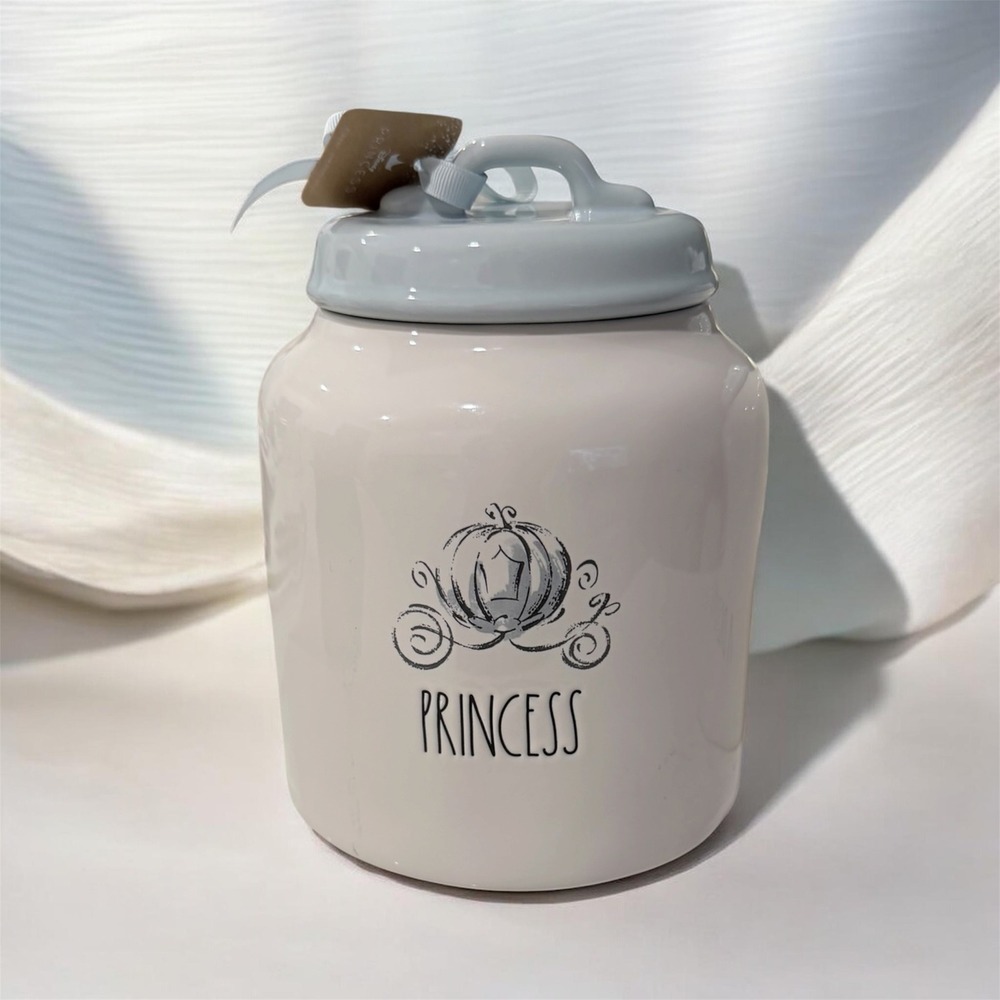 Rae Dunn Disney Princess Cinderella Carriage Ceramic Canister White Blue Lid NEW